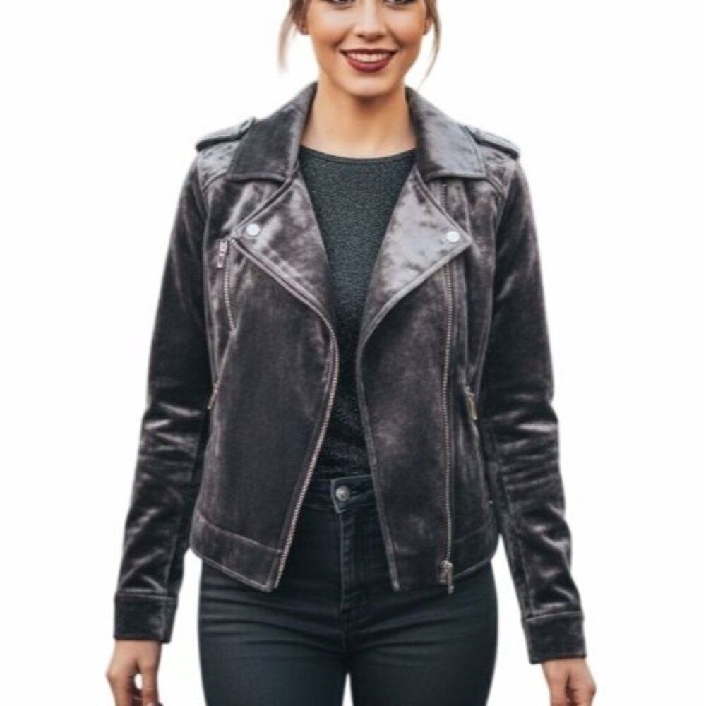 ❤️BLANKNYC Gray Velvet Moto Jacket Women's S Biker Shinny Side Zip Biker Party❤️